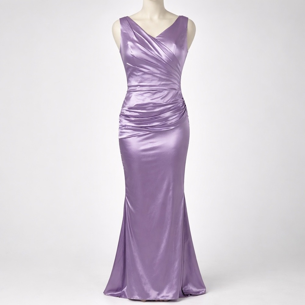 NWT - Lavender Satin V-Neck Ruched Long Sleeve Evening Gown